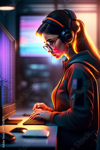 A nerdy girl is programming at a computer in a room full of gadgets, dramatic lighting, highly detailed, incredible quality, 2d, cartoon photo