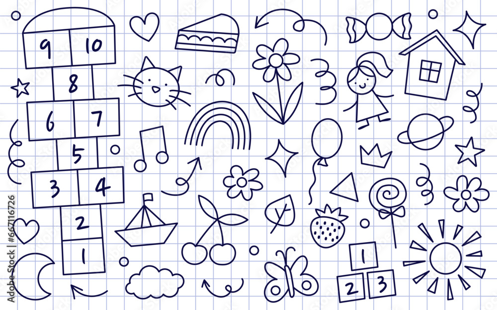 Collection of children school, kindergarten doodles. Cute childish hand drawn scribbles on checkered paper texture.