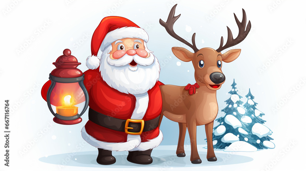 Santa Claus in sled with reindeer over winter forest, Christmas holiday concept. Generated AI