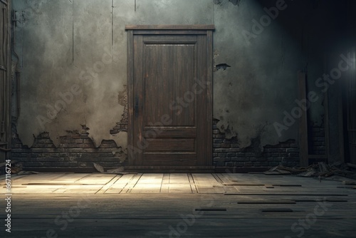 A picture of a room with a door and a brick wall. This image can be used to represent concepts such as confinement, mystery, escape, or hidden opportunities photo