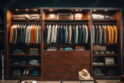 A closet filled with a variety of clothes and a hat. This versatile image can be used to depict fashion, clothing choices, wardrobe organization, or personal style.