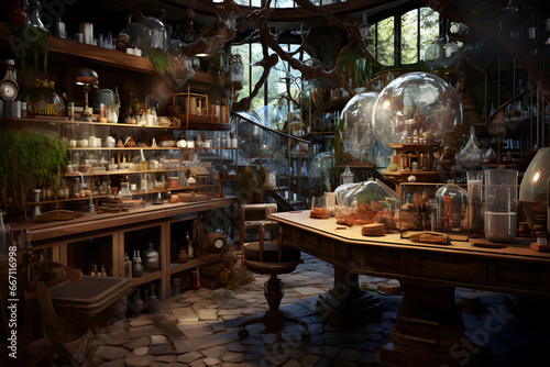 Fantastic medieval alchemy laboratory room. Neural network generated image. Not based on any actual person or scene.