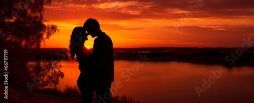 Silhouette of a couple sharing a kiss against a colourful sunset  in a lake . copy space for text  banner background  valentines and love card  Love concept