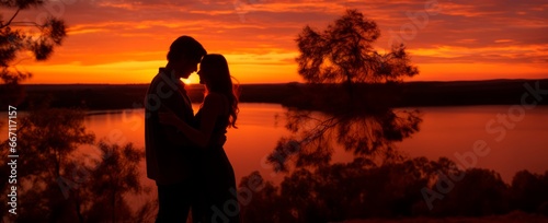 Silhouette of a couple sharing a kiss against a colourful sunset in a lake . copy space for text, banner background, valentines and love card, Love concept