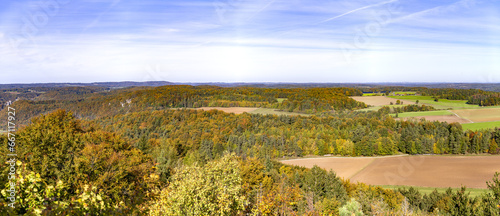 Panorama of autumn forest from Hohe Kreuz in Franconian Switzerland