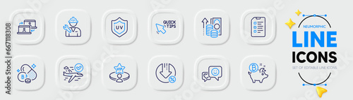 Checklist, Outsource work and Repairman line icons for web app. Pack of Vip table, Niacin vitamin, Loan percent pictogram icons. Confirmed flight, Inflation, Smile signs. Quick tips. Vector