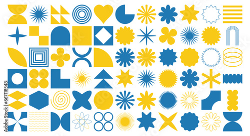 Collection of brutalist geometric shapes. Blue and yellow abstract geometric shapes. Graphic design elements. Vector illustration