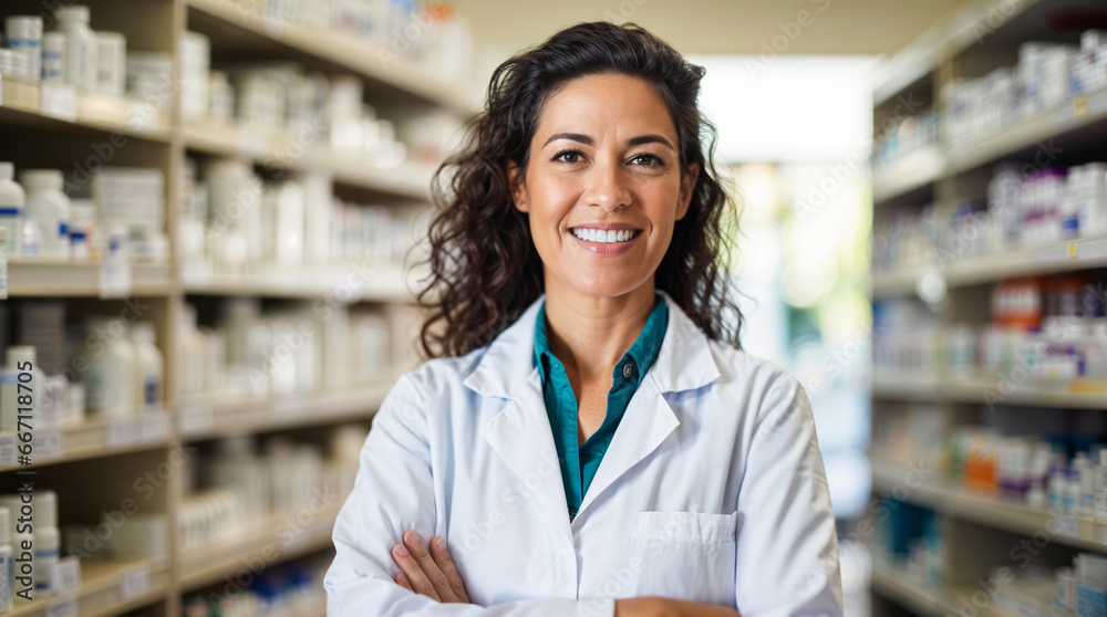Smiling pharmacist in a pharmacy portrait, mature latina woman in drug store, hd - obrazy, fototapety, plakaty 