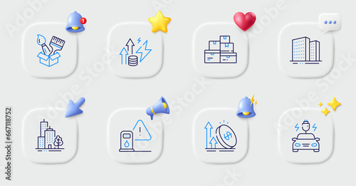 Petrol station, Skyscraper buildings and Excise duty line icons. Buttons with 3d bell, chat speech, cursor. Pack of Buildings, Car charging, Wholesale goods icon. Vector