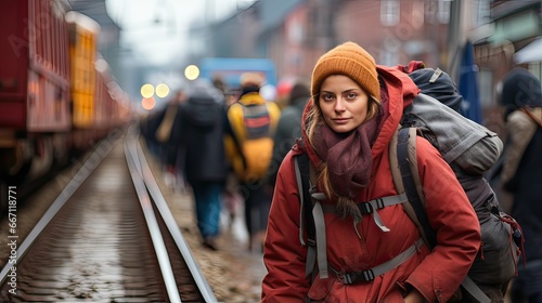 Young woman with backpack on the platform of a railway station © Bilal