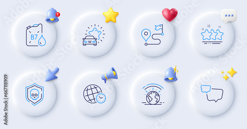 Greenhouse, Speech bubble and Stars line icons. Buttons with 3d bell, chat speech, cursor. Pack of Car review, Journey, Time zone icon. Diesel canister, Cyber attack pictogram. Vector