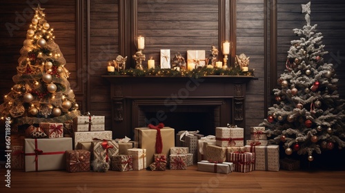 Christmas tree with gifts at home by the fireplace. Generative AI