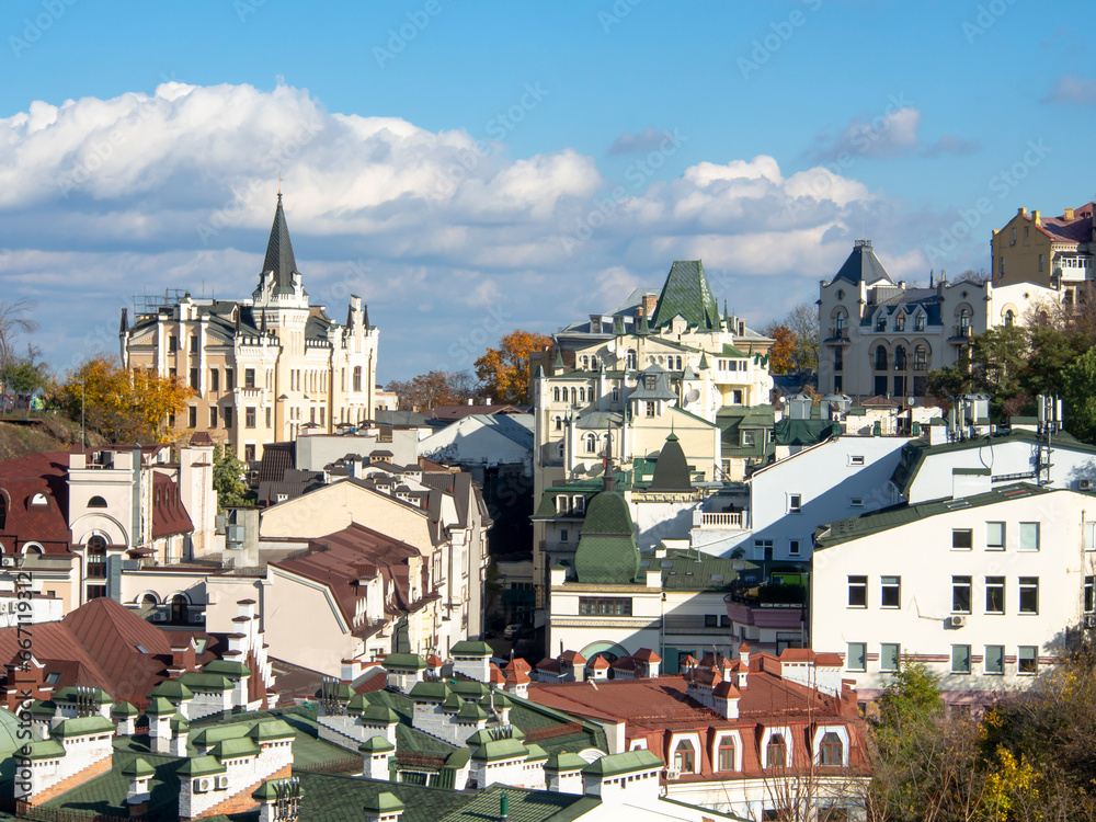 Downtown of Kyiv, Ukraine in sunny day. Views of historic architecture and landscape, nature of Kyiv, autumn.
