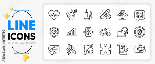 Graph chart, Photo camera and Fake news line icons set for app include Report, Noise, Stop coronavirus outline thin icon. Saving electricity, Medical vaccination, Documents box pictogram icon. Vector