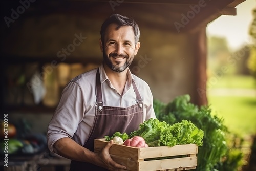 male gardener holding a wooden box full of fresh vegetables © sarawuth