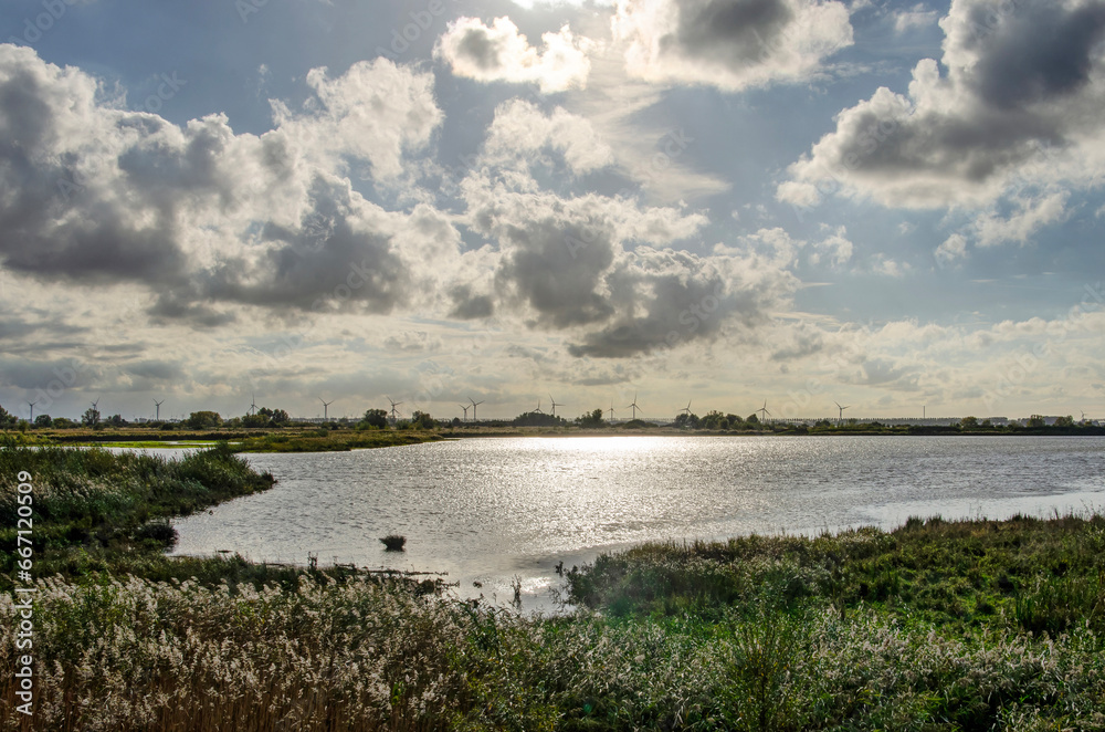 Low autumn sun shining through the clouds over the Beninger Slikken wetlands on the island of Voorne in the Netherlands