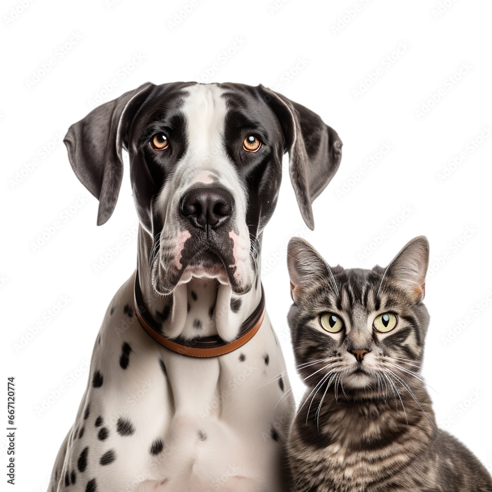 Front view close up of Great Dane and Scottish Fold isolated on a white transparent background
