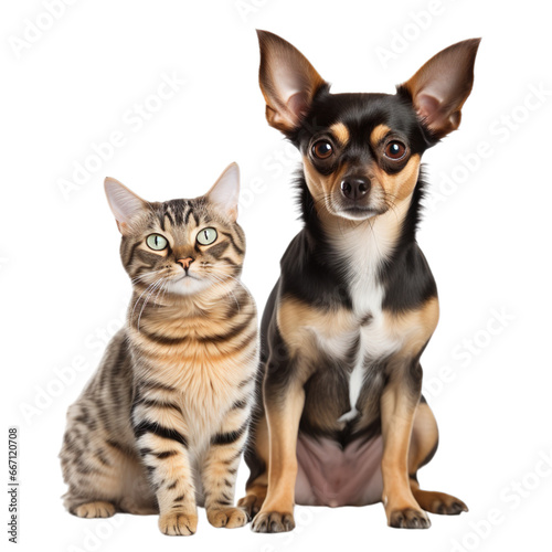Front view close up of Dachshund and Sphynx Cat isolated on a white transparent background