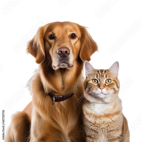 Front view close up of Golden Retriever and Abyssinian Cat isolated on a white transparent background