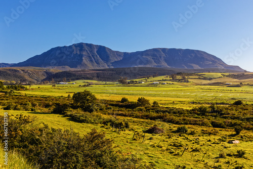 Landscape of irrigated farm lands and mountains  near Riversdale in the Western Cape, South Africa