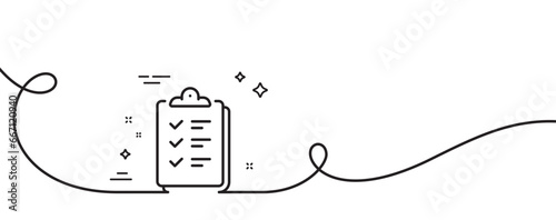 Checklist line icon. Continuous one line with curl. Clipboard document sign. Questioning survey symbol. Checklist single outline ribbon. Loop curve pattern. Vector