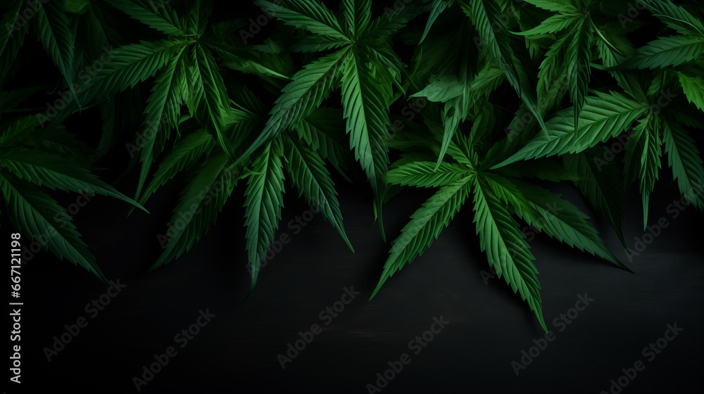 Marijuana leaves, green on a dark background with copy space - obrazy, fototapety, plakaty 