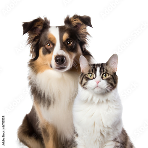 Front view close up of Australian Shepherd and Siamese Cat isolated on a white transparent background