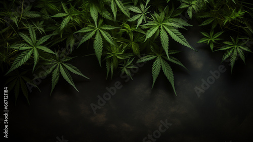 Marijuana leaves  green on a dark background with copy space