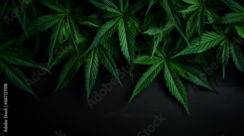 Marijuana leaves, green on a dark background with copy space