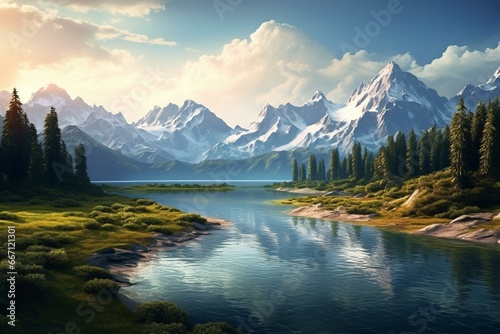 Stunning panoramic landscape with mountains, river, and lake. Serene natural beauty. Generative AI