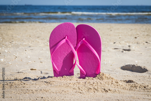 Accessories for relax on beach. Flip flop. Summertime