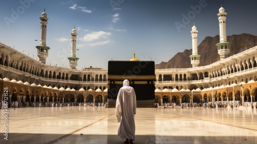 Man Walking Towards Kaaba Represents Journey of Spiritual Discovery and Deepening Faith photo