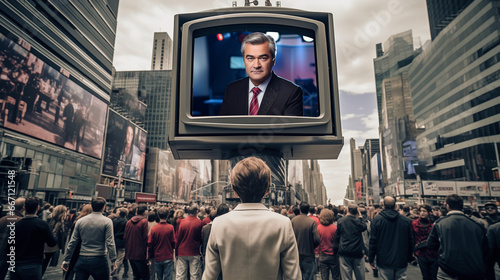 A crowd of people on a city street are watching a large television screen that is broadcasting propaganda news. The news is false and misleading, and it is being used to manipulate the population