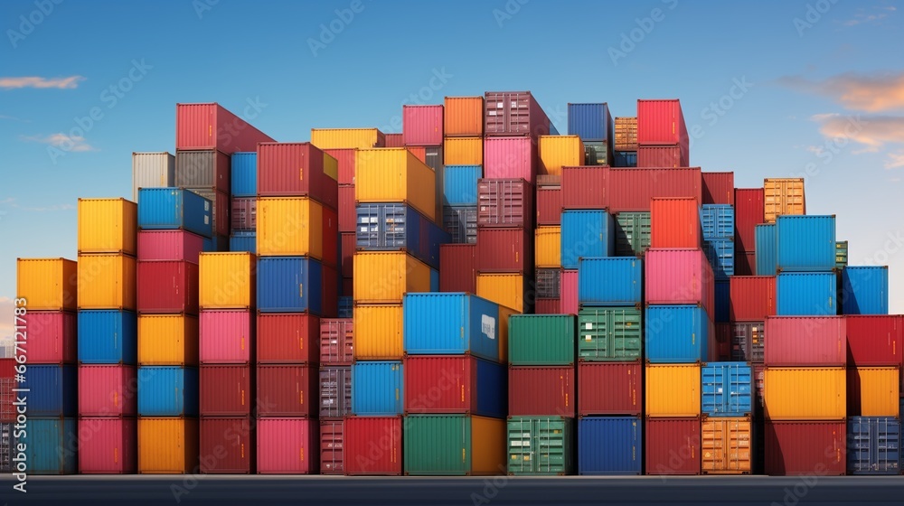 A vast array of containers, stacked high, stretches to the horizon in the golden hour