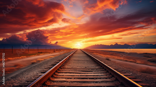 railway in amazing landscape with dramatic sky at sunset