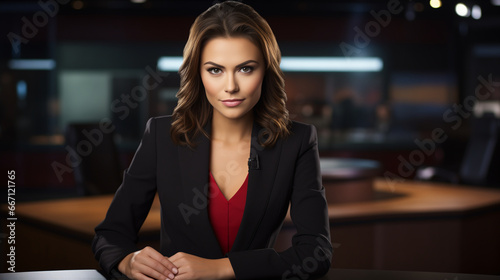 portrait of TV announcer woman in a modern tv studio news