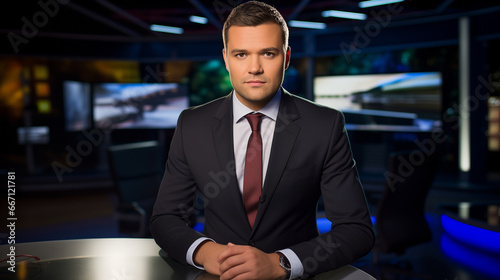 portrait of TV announcer man in a modern tv studio news photo