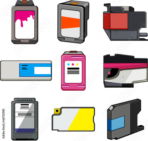 ink cartridge set cartoon. print color, office black, equipment paper ink cartridge sign. isolated symbol vector illustration