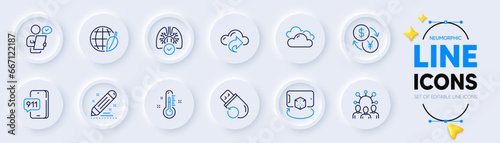 Environment day, Flash memory and Augmented reality line icons for web app. Pack of Cloud share, Customer survey, Emergency call pictogram icons. Lungs, Squad, Thermometer signs. Vector