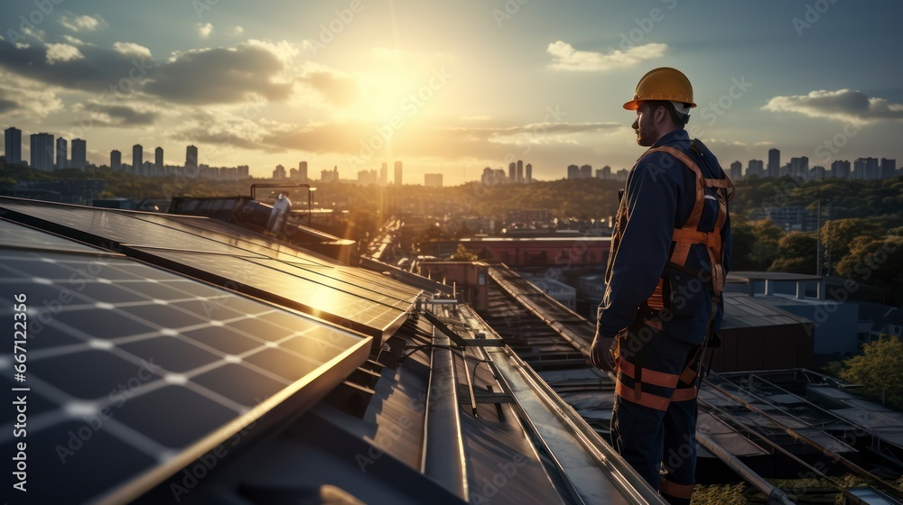 Technician Installing Solar Panels Represents Transition Towards Clean Renewable Energy Technician Installing Solar Panels Represents Transition Towards Clean Renewable Energy
