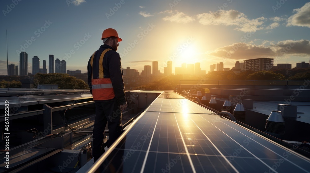Technician Installing Solar Panels Represents Transition Towards Clean Renewable Energy