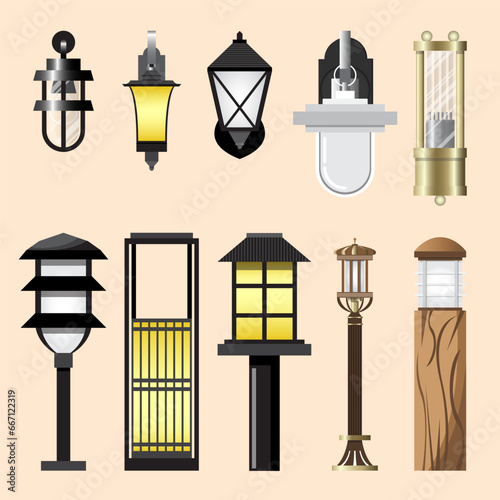 Collection of wall lamps and garden in lamps on cream background.