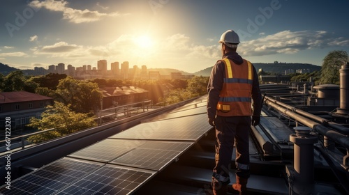 Technician Installing Solar Panels Represents Transition Towards Clean Renewable Energy