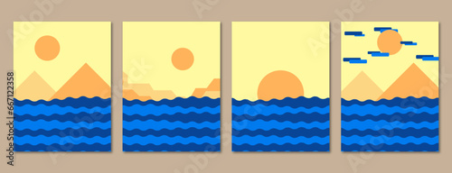 abstract minimalist landscape with sun, sea, waves, and mountains vector illustration, for wall art, poster art design, magazine, book cover, print, cover artwork, background, wallpaper, and others.