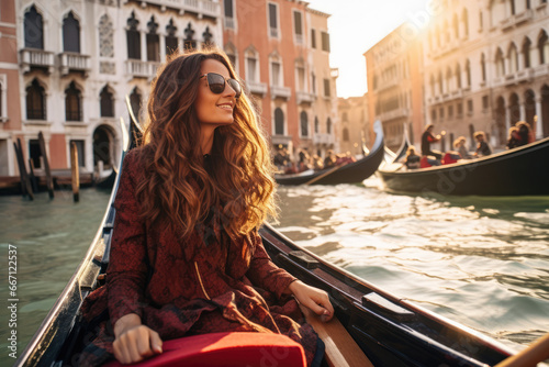 A young woman rides a gondola through Venice © Straxer