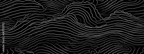 Seamless topographic map pattern made of thin white contour lines or stripes on black background. Abstract topology motif or mountain landscape texture in a trendy doodle line art