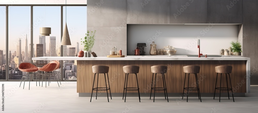 Stylish kitchen with cityscape window white walls stone floor gray countertops wooden cupboards bar with stools and dining table rendered in - obrazy, fototapety, plakaty 