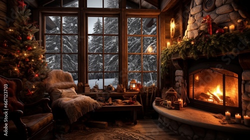 A cozy New Year's cabin nestled in the woods, with a warm fire and decorations in the window.