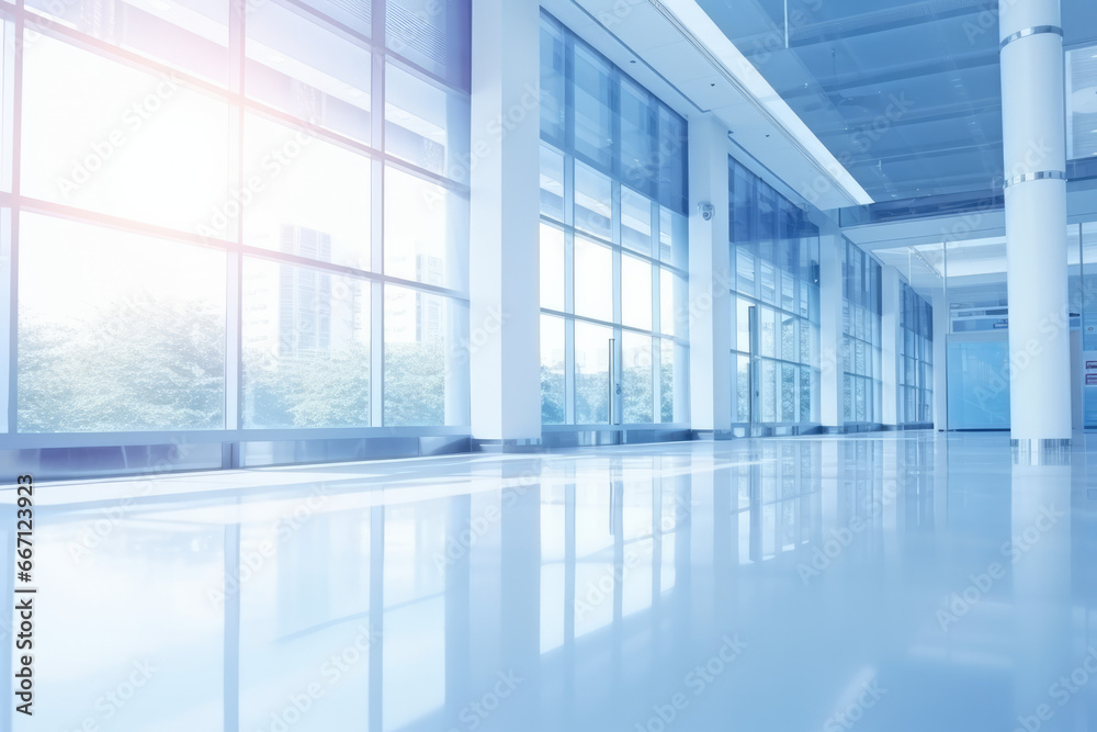 Light blurred background. The hall of an office or medical institution with panoramic windows and a perspective Light blurred background. The hall of an office or medical institution with panoramic windows and a perspective