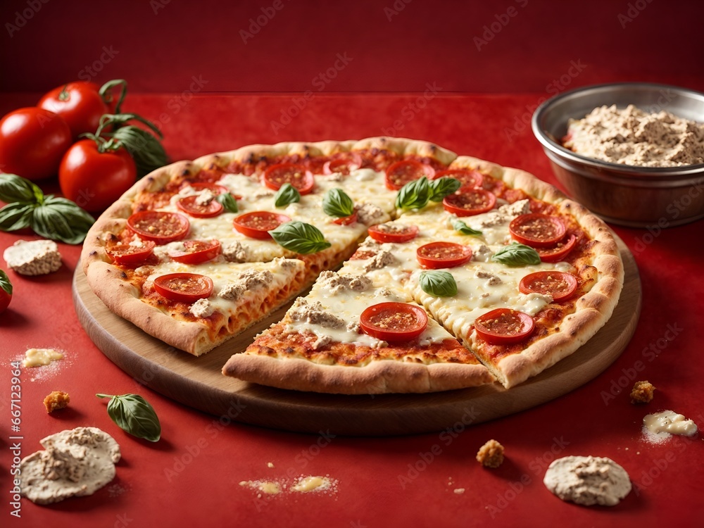 Italian pizza on red background